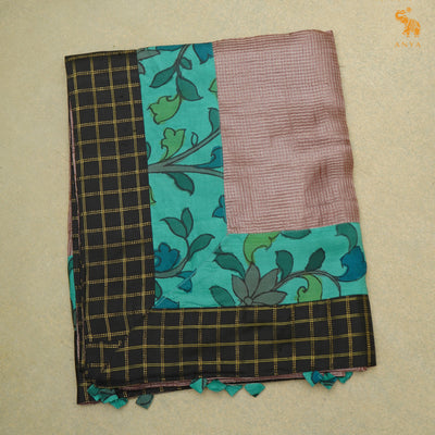 Light Brown Zari Checks Tussar Silk Saree with Rexona Pen Kalamkari Kanchi Silk Border