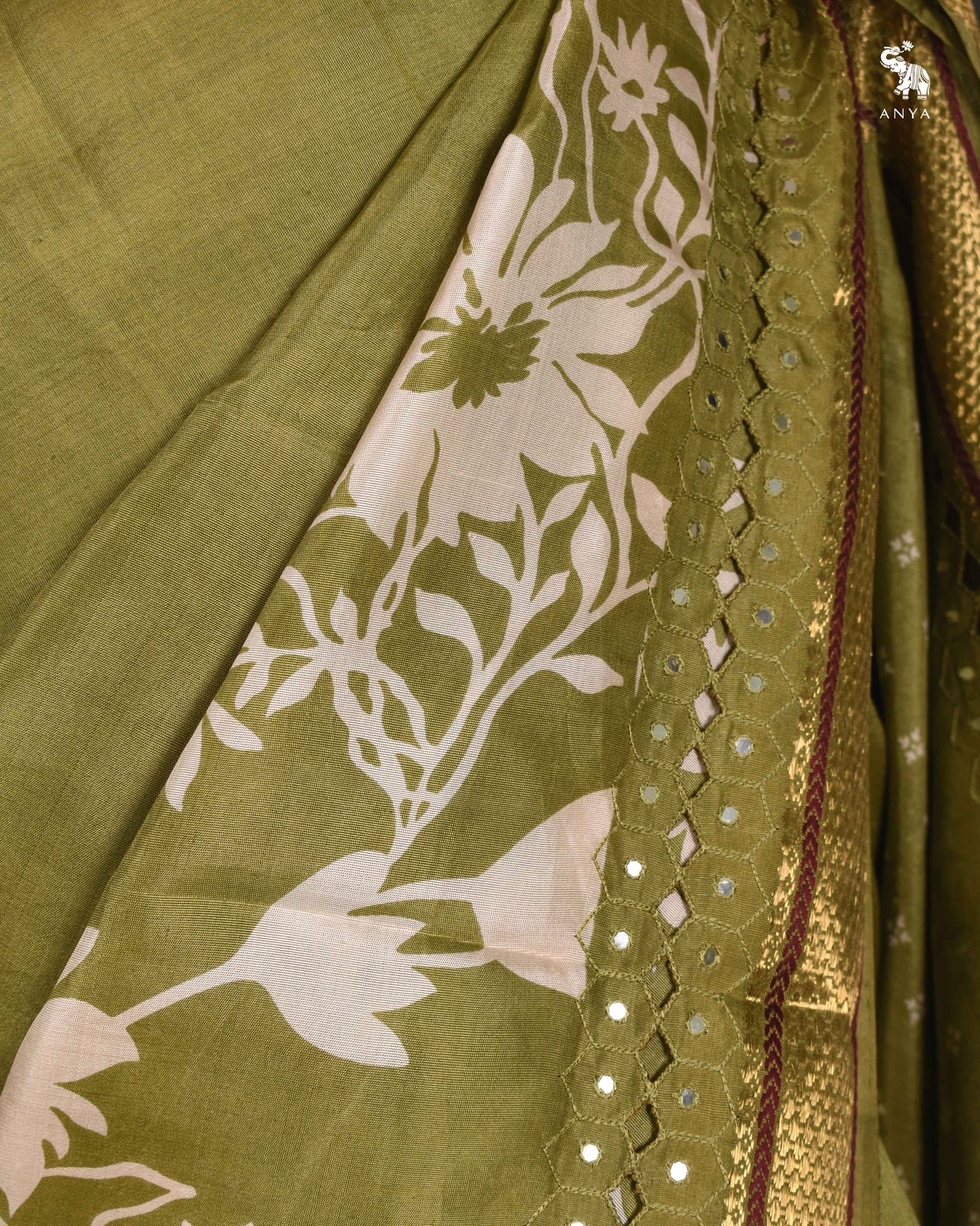 Mehandhi Green Floral Printed Kanchi Silk Saree with Cut Work Design