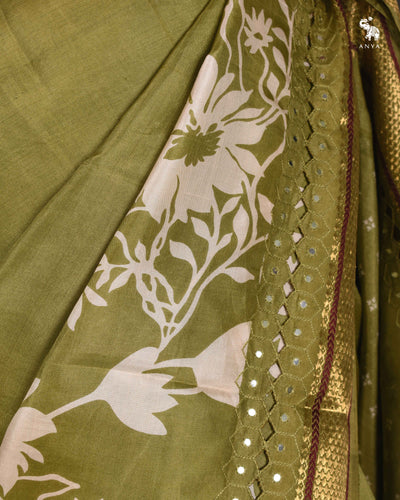 Mehandhi Green Floral Printed Kanchi Silk Saree with Cut Work Design