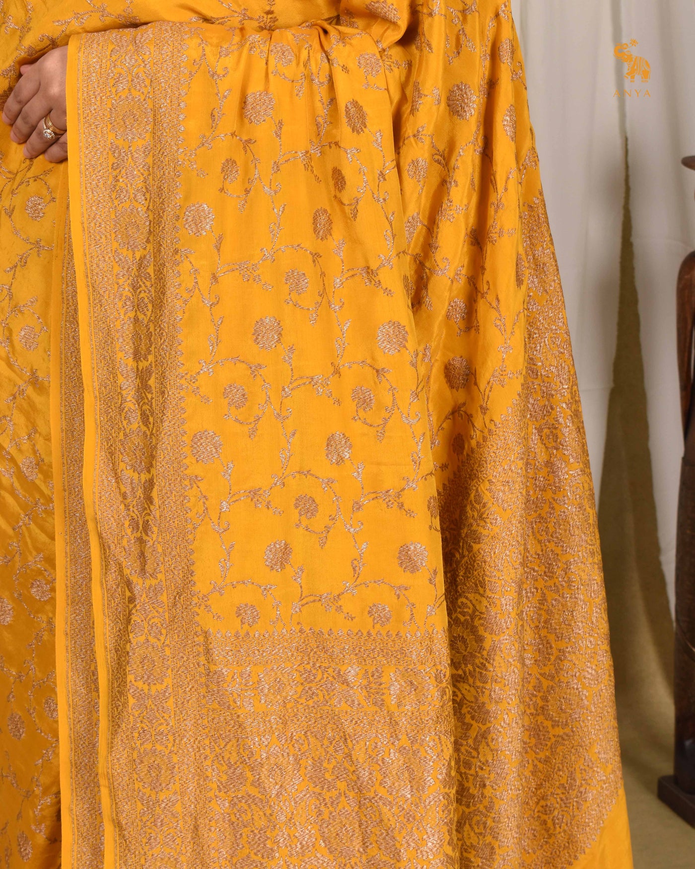 Oil Mustard Crepe Banarasi Silk Saree with Floral Creeper Design