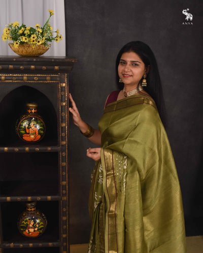 Mehandhi Green Floral Printed Kanchi Silk Saree with Cut Work Design