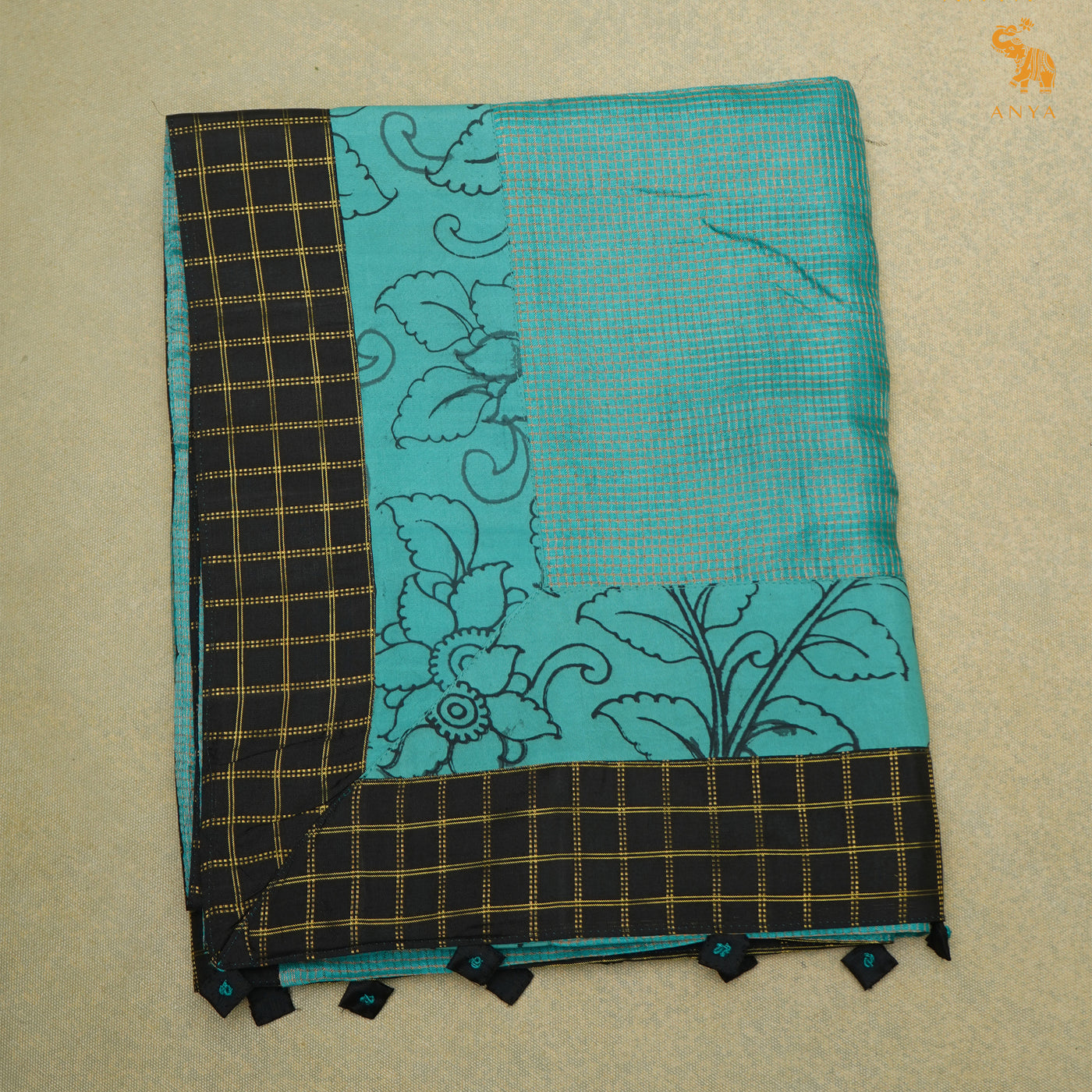 Anandha Blue Zari Checks Tussar Silk Saree with Blue Pen Kalamkari Kanchi Border