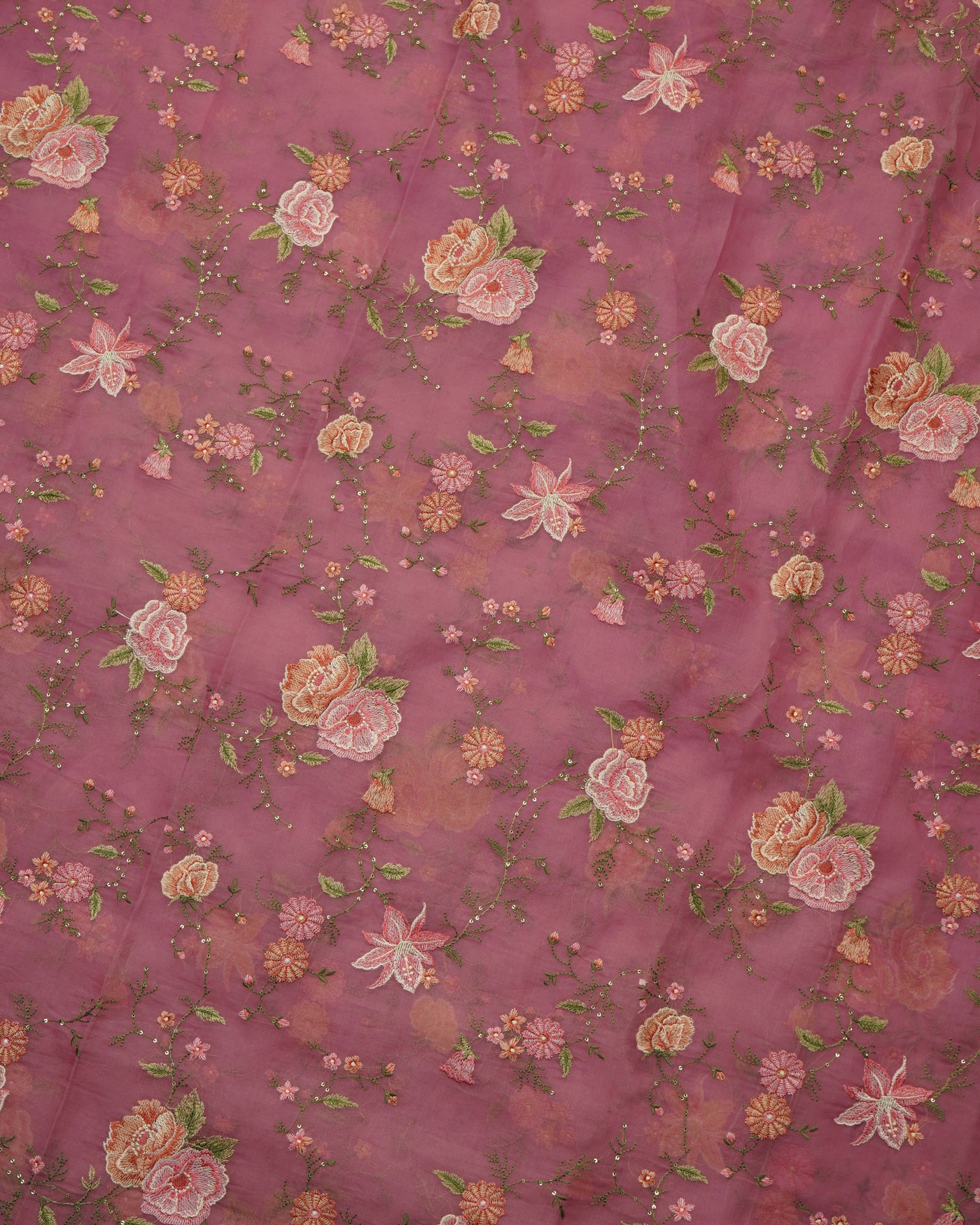 Onion Pink Organza Fabric with Floral Embroidery Design