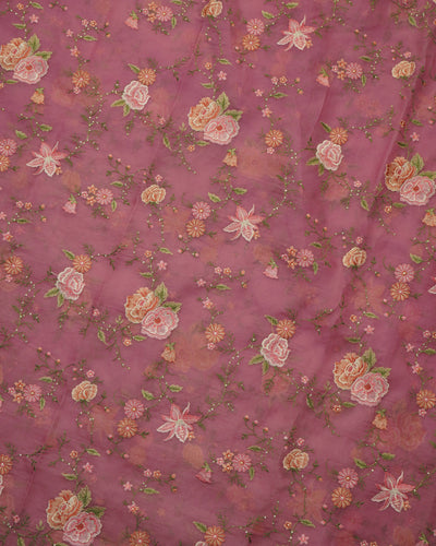 Onion Pink Organza Fabric with Floral Embroidery Design