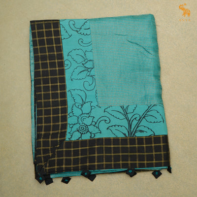 Anandha Blue Zari Checks Tussar Silk Saree with Blue Pen Kalamkari Kanchi Border