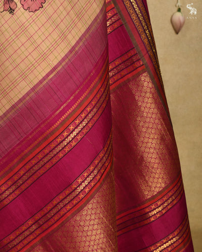 Off White Pen Kalamkari Kanchi Silk Saree with Floral and Checks Design