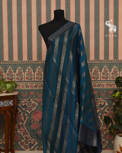 Peacock Blue Banarasi Silk Saree with Cross Design