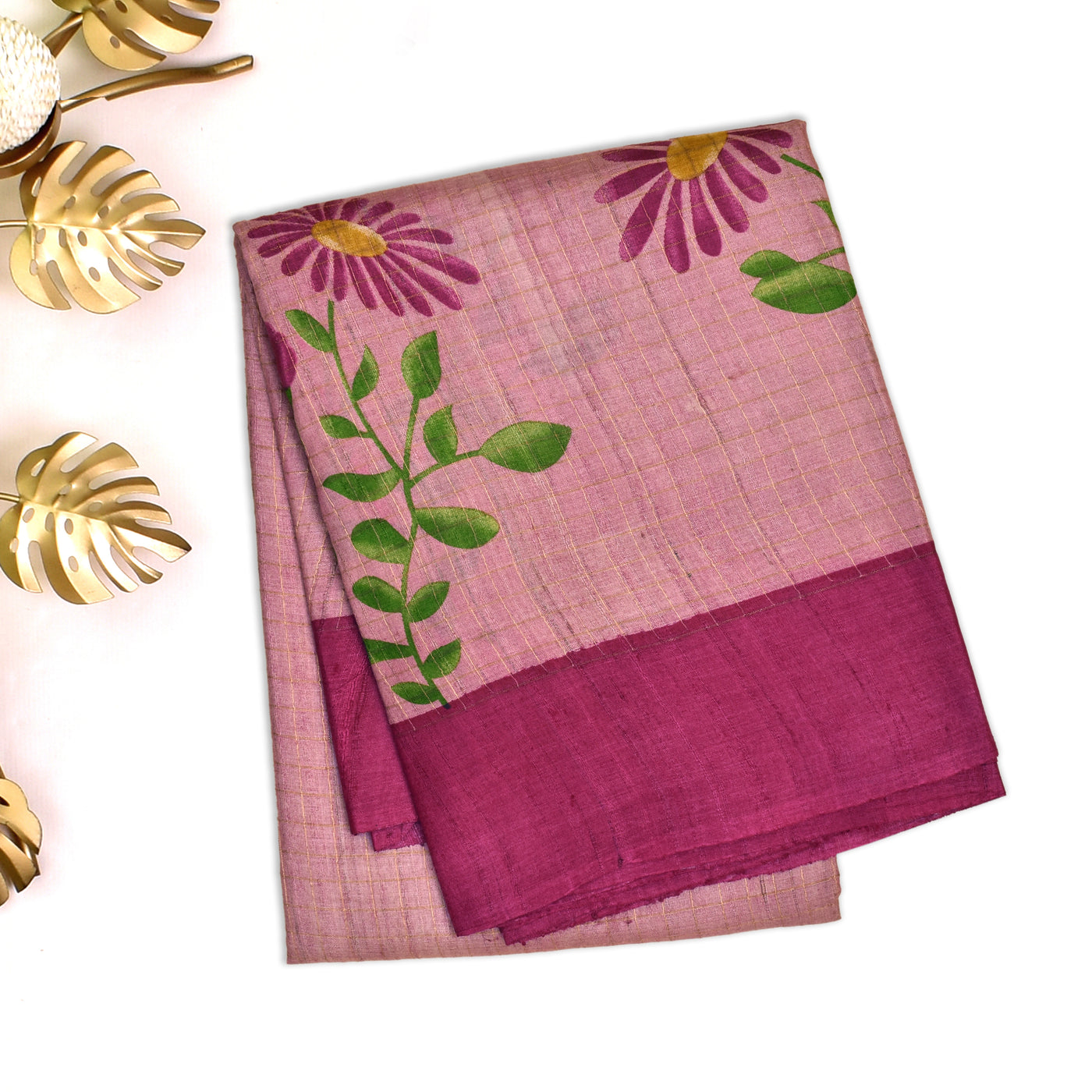 Onion Pink Tussar Silk Saree with Floral Zari Checks Design