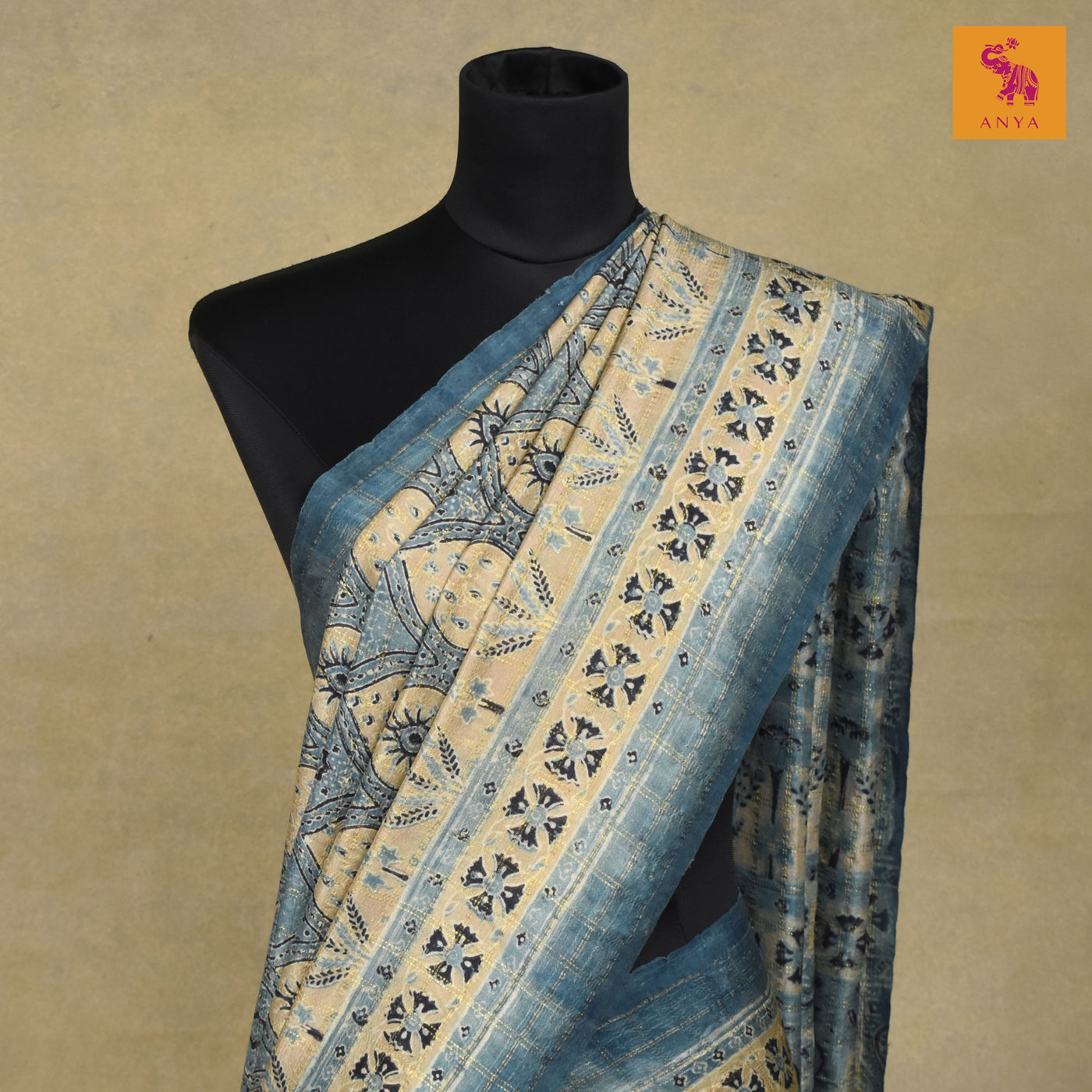 Greyish Blue Kanchi Silk Ajrak Print Saree with Checks Design