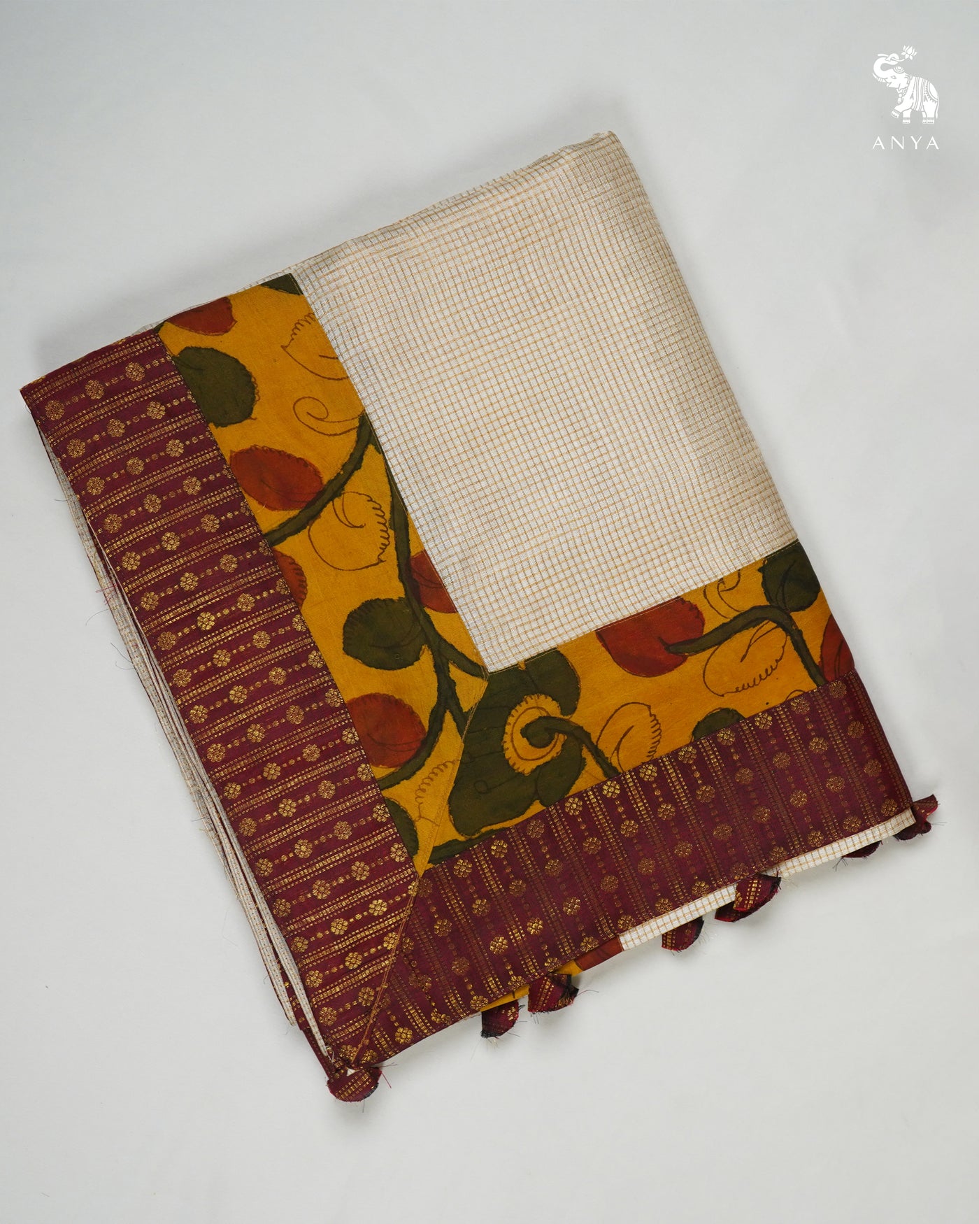 Off White Zari Checks Tussar Silk Saree with Maroon Kanchi Border
