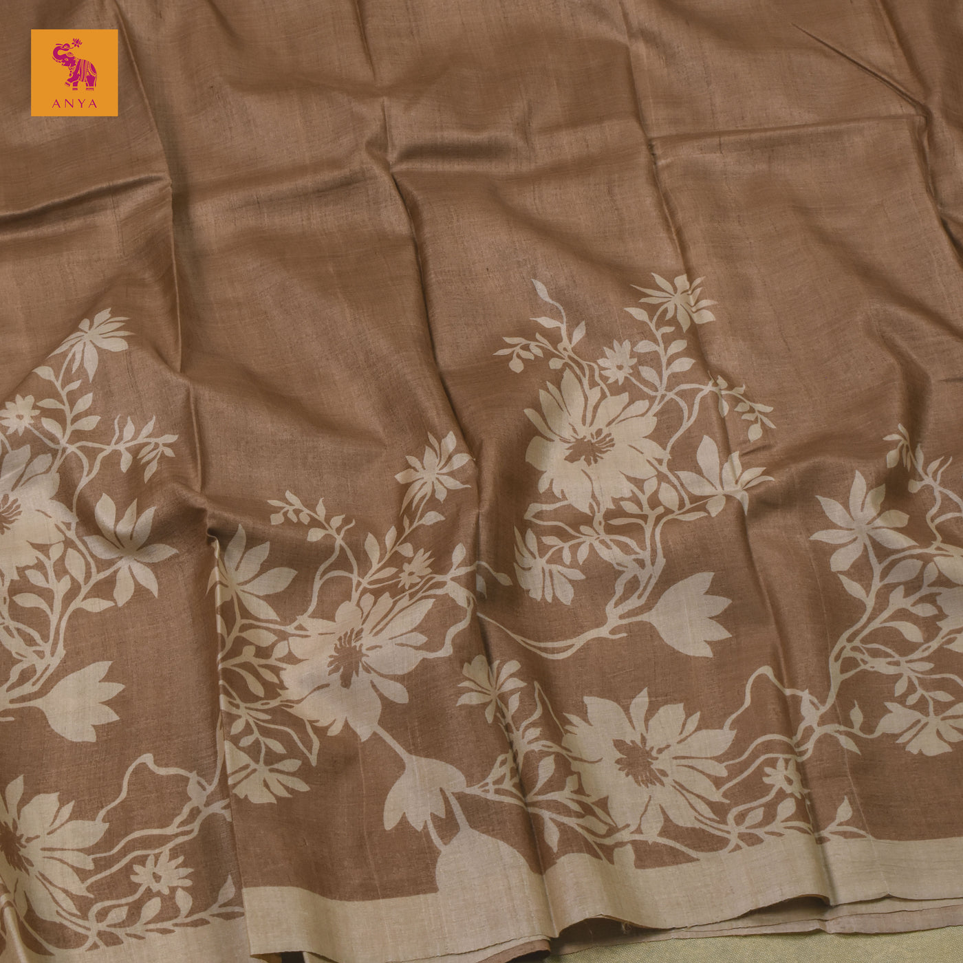 Light Brown Tussar Silk Saree with Floral Printed Design