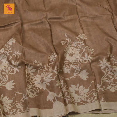 Light Brown Tussar Silk Saree with Floral Printed Design