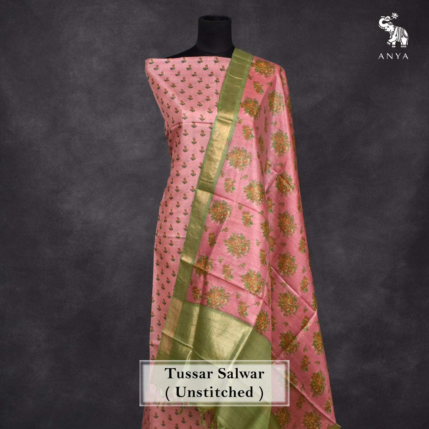 Onion Pink Tussar Silk Salwar with Onion Pink Floral Print Dupatta