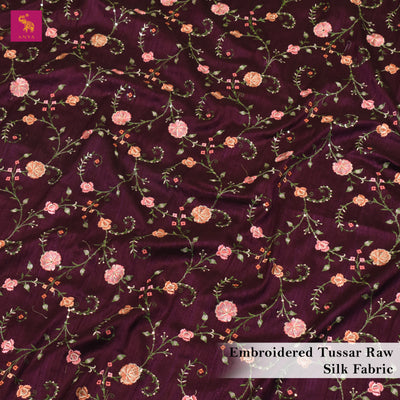 Wine Tussar Raw Silk Fabric with Floral Embroidery Design