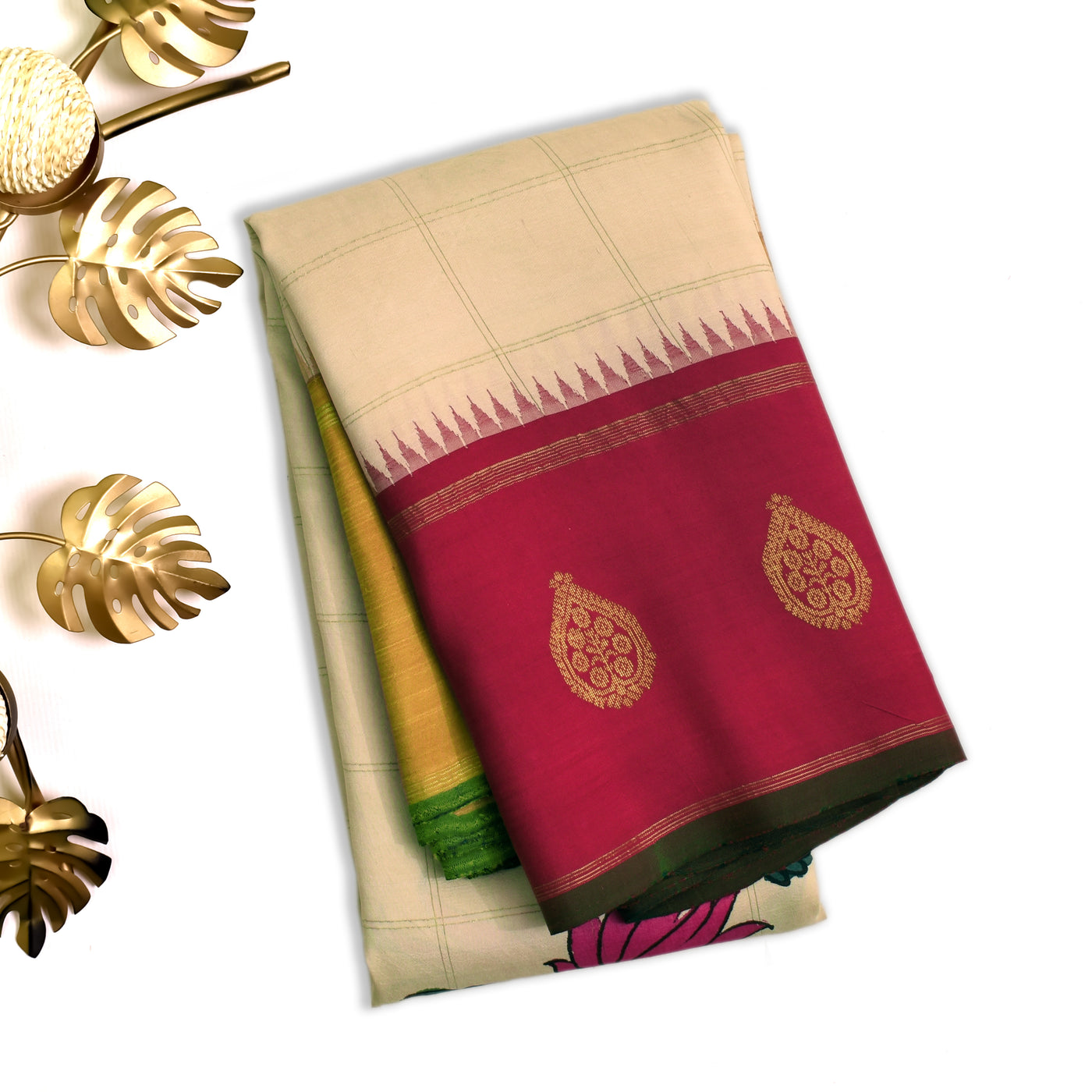 Off White Pen Kalamkari Silk Saree with Lotus Design