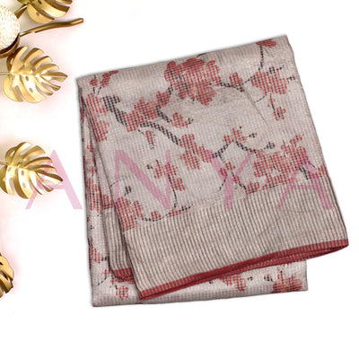 Off White Tussar Silk Saree with Floral Creeper and Zari Kattam Design