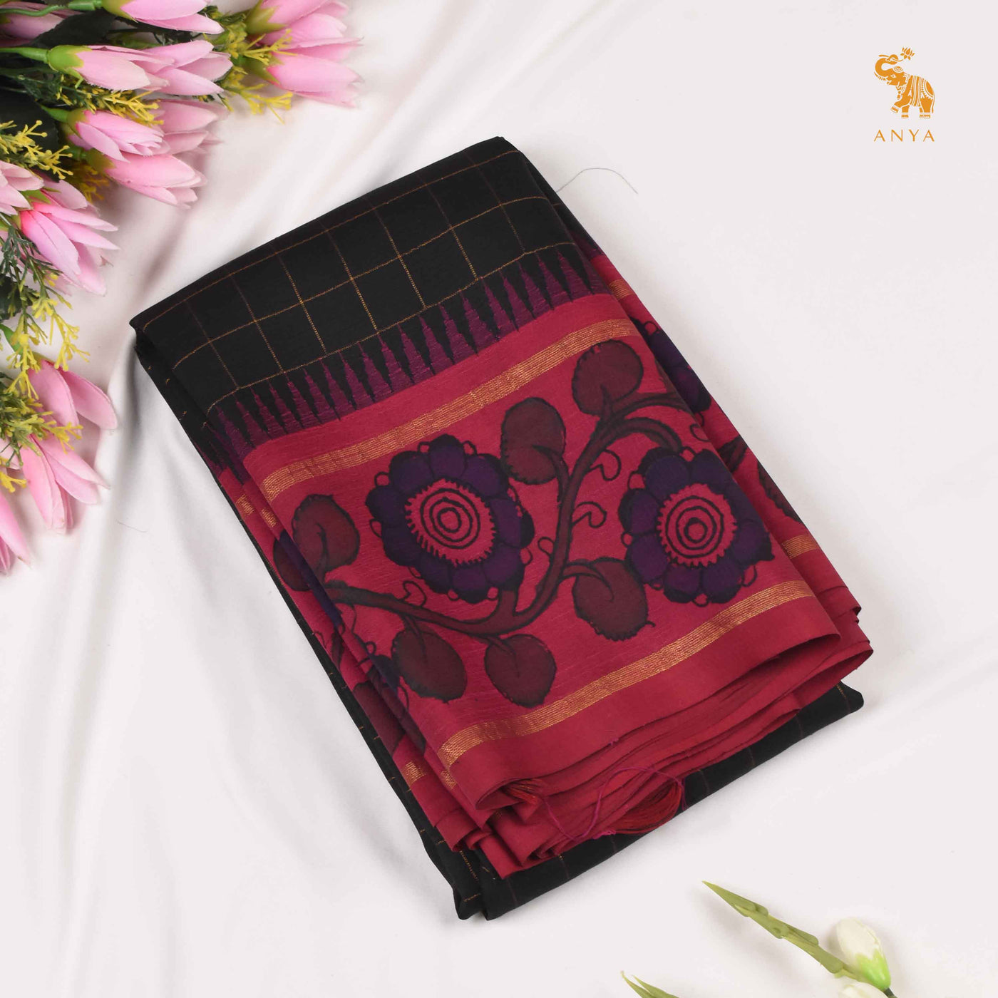 Black Pen Kalamkari Kanchi Silk Saree
