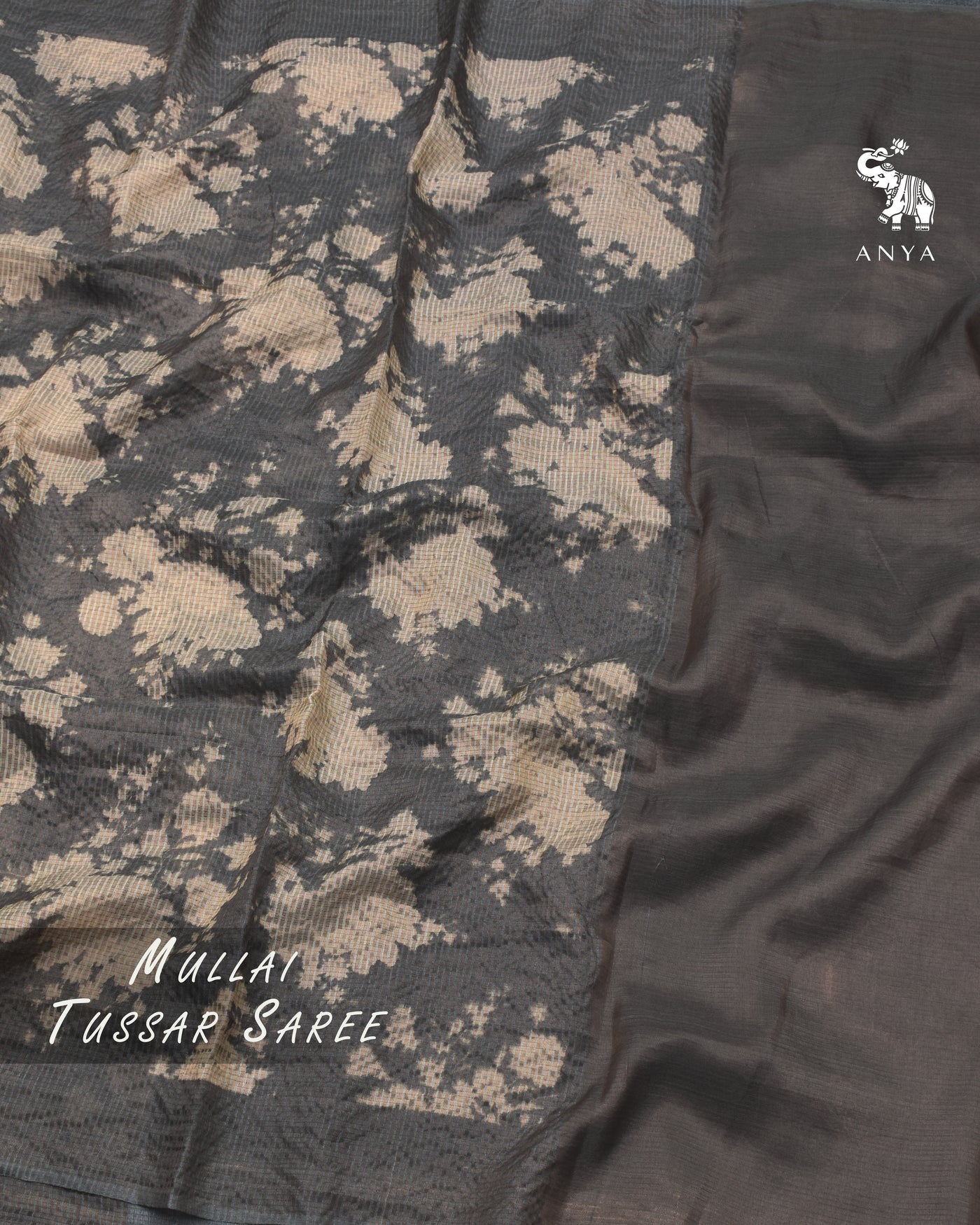 Grey Tussar Silk Saree with Checks and Floral Print Design