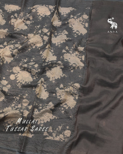 Grey Tussar Silk Saree with Checks and Floral Print Design