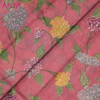 Onion Pink Tussar Silk Fabric with Floral Print Zari Checks Design