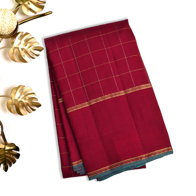 Red Kanchipuram Silk Saree with Zari Checks Design