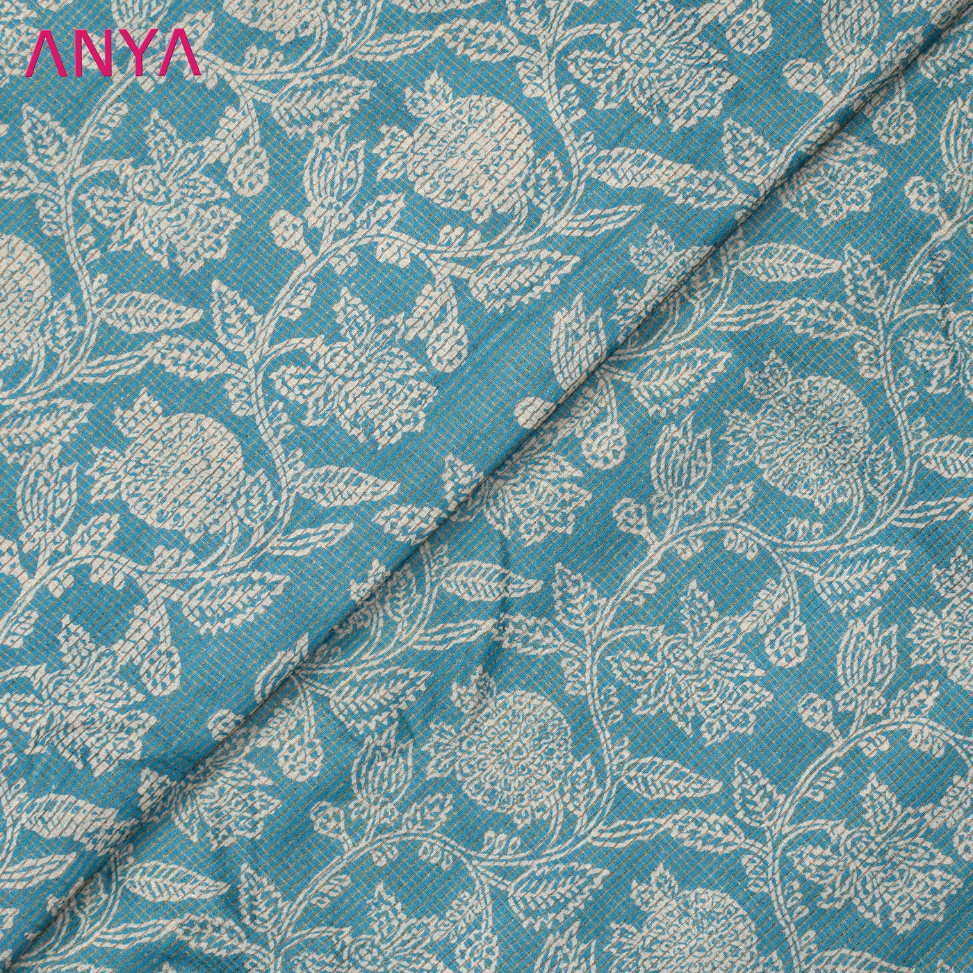 Blue Tussar Silk Fabric with Floral Print Zari Checks Design