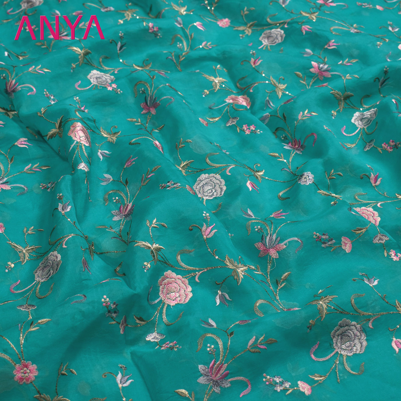 Rexona Blue Organza Fabric with Floral Embroidery Design