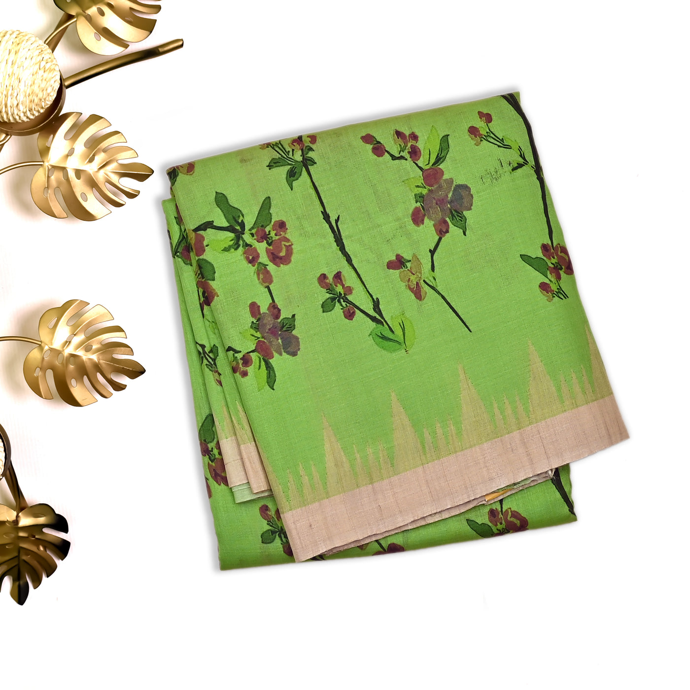 Parrot Green Tussar Silk Saree with Floral Printed Design