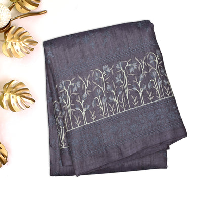 Dark Grey Tussar Silk Saree with Flower Embroidery Design