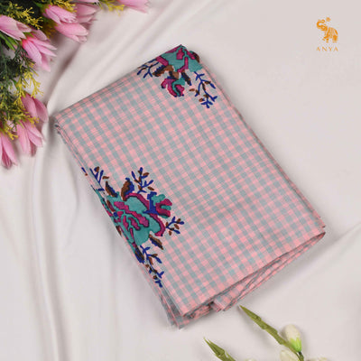 Pink Printed Kanchi Silk Saree with Checks and Floral Print Design