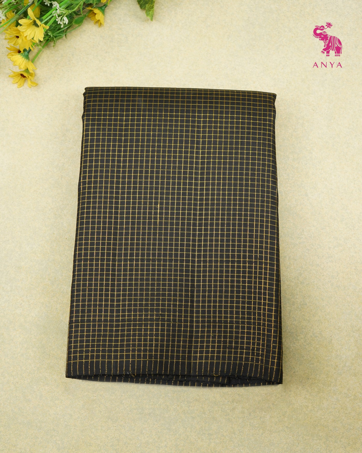 Black Kanchi Silk Fabric with Zari Checks Design