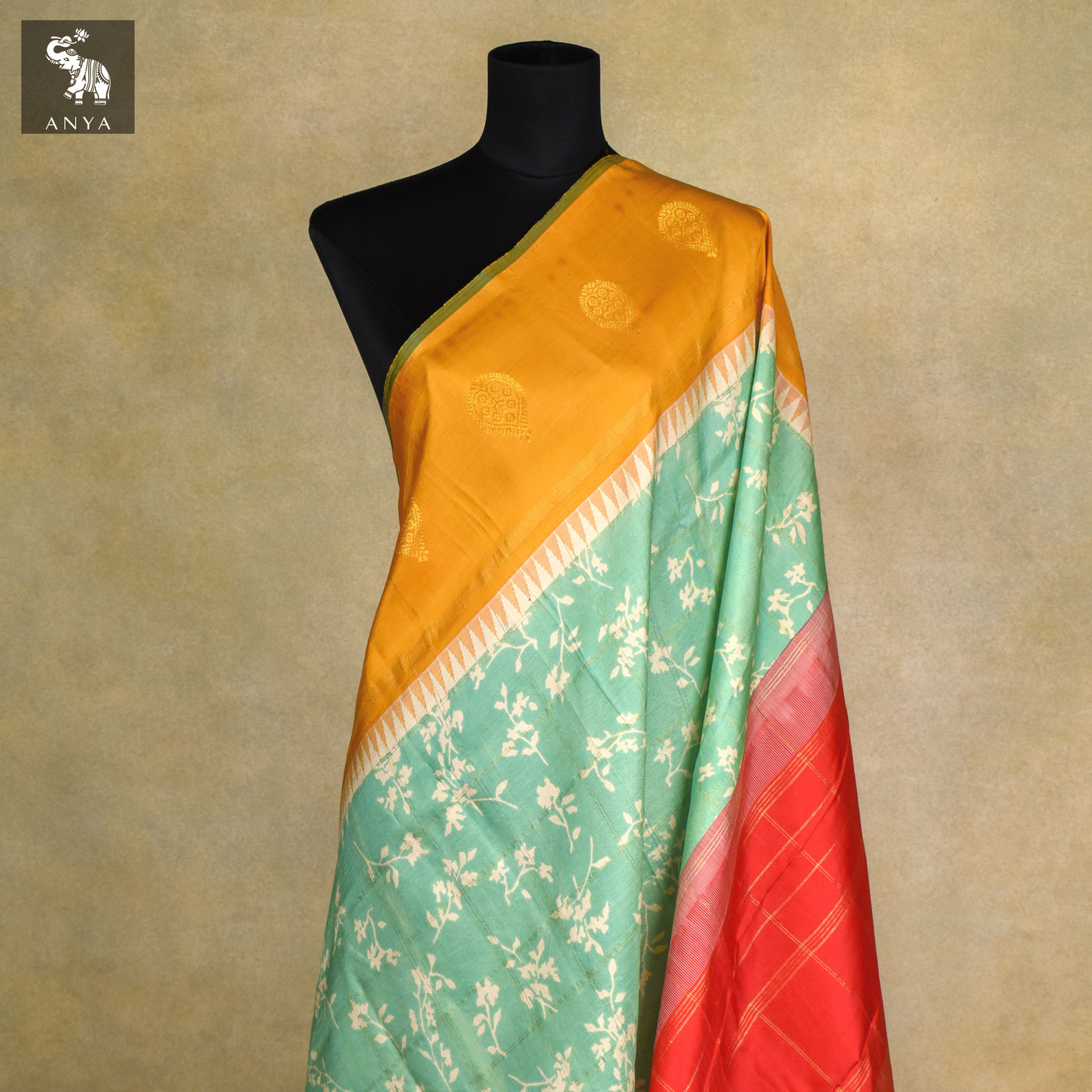 Light Green Printed Kanchi Silk Saree with Floral Print and Zari Kattam Design