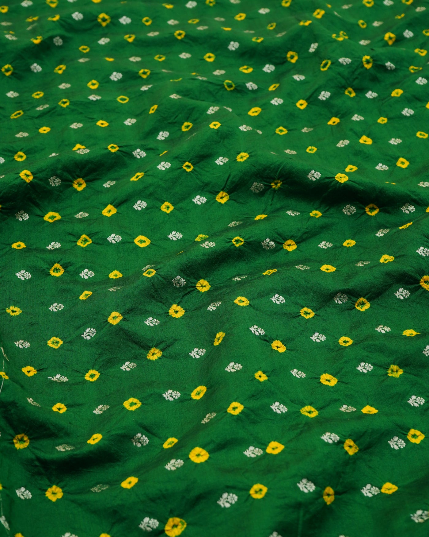 Green Bhandhini Silk Fabric With Yellow Butta Design