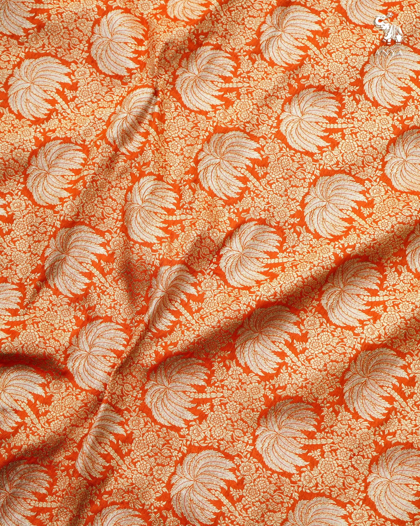 Orange Banarasi Silk Fabric with Floral Zari Design
