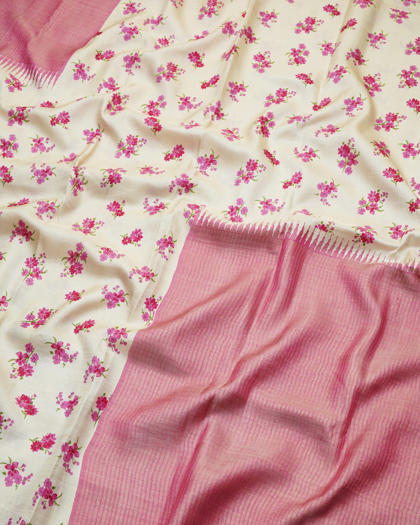 Off White Printed Kanchi Silk Saree with Small Floral Print Design