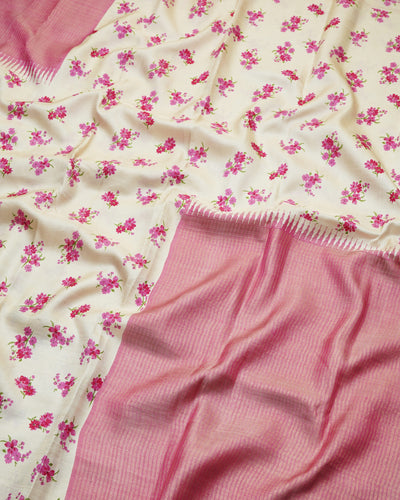 Off White Printed Kanchi Silk Saree with Small Floral Print Design
