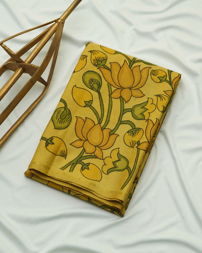 Lemon Yellow Pen Kalamkari Kanchi Silk Fabric with Lotus Design