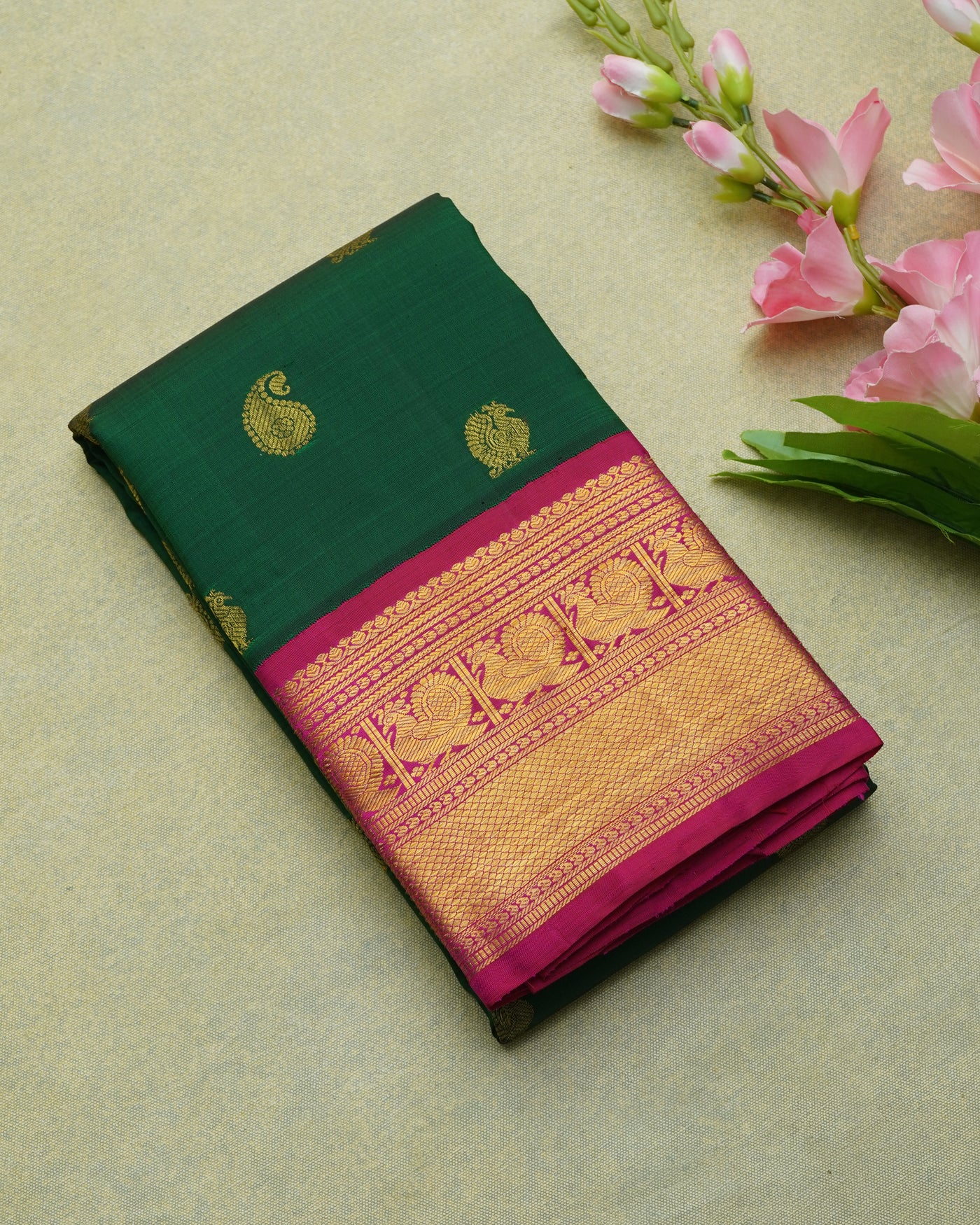 Bottle Green Kanchi Silk Saree with Zari Butta Design