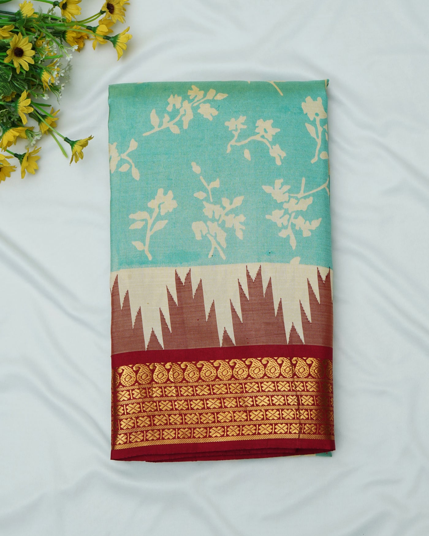 Light Blue Printed Kanchi Silk Saree with Floral Design