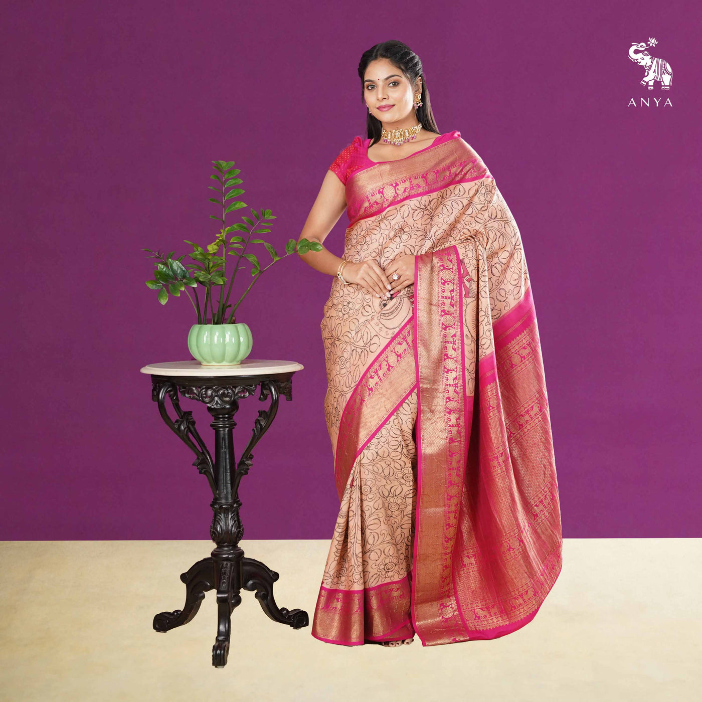 Peach Pen Kalamkari Kanchi Silk Saree with Floral Creeper and Dancing Doll Design