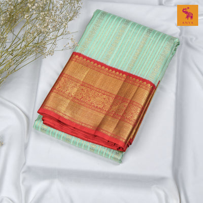 Mint Green Kanchipuram Silk Saree with Horizontal Zari Stripes Design