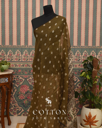 Olive Green Cotton Kota Saree with Bhandhini Print Design