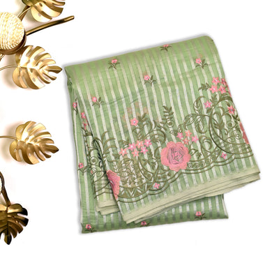 Apple Green Banarasi Silk Saree with Zari Lines and Flower Embroidery Design