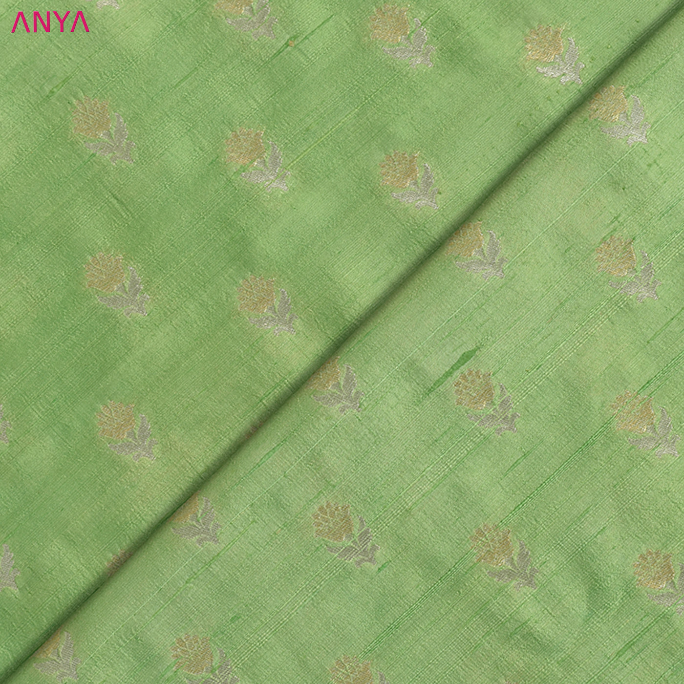 Apple Green Tussar Raw Silk Fabric with Flower Butta Design