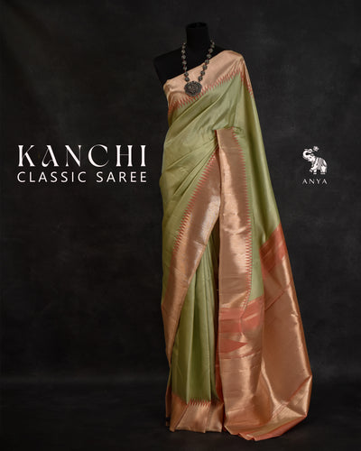 Pastel Green Kanchi Classic Saree with Zari Checks Design