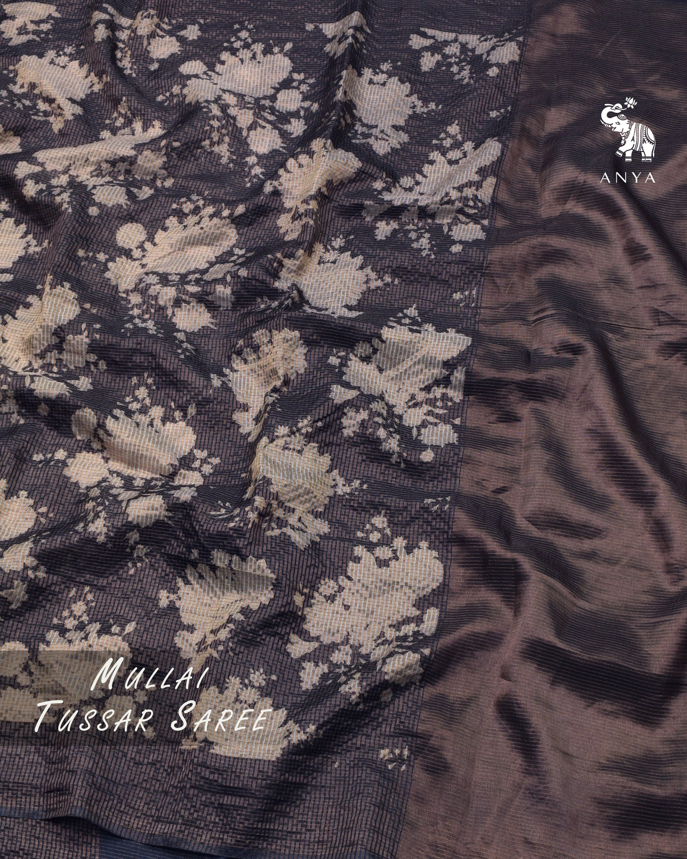 Navy Blue Tussar Silk Saree with Checks and Floral Print Design