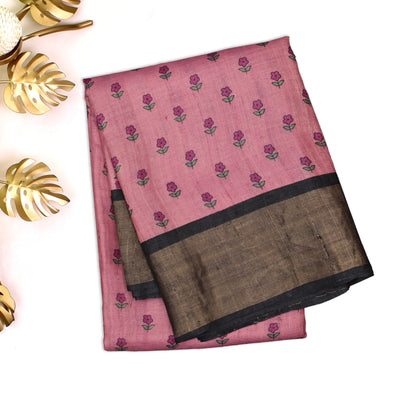 Onion Pink Tussar Silk Saree with Small Flower Printed Design