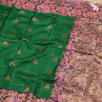 Alli Green Printed Kanchi Silk Saree with Zari Checks and Iruthalai Patchi Design