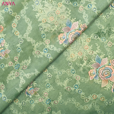 Mint Green Organza Fabric with Thread Creeper Embroidery Design