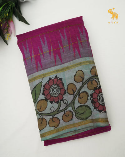 Magenta Pen Kalamkari Kanchi Silk Saree